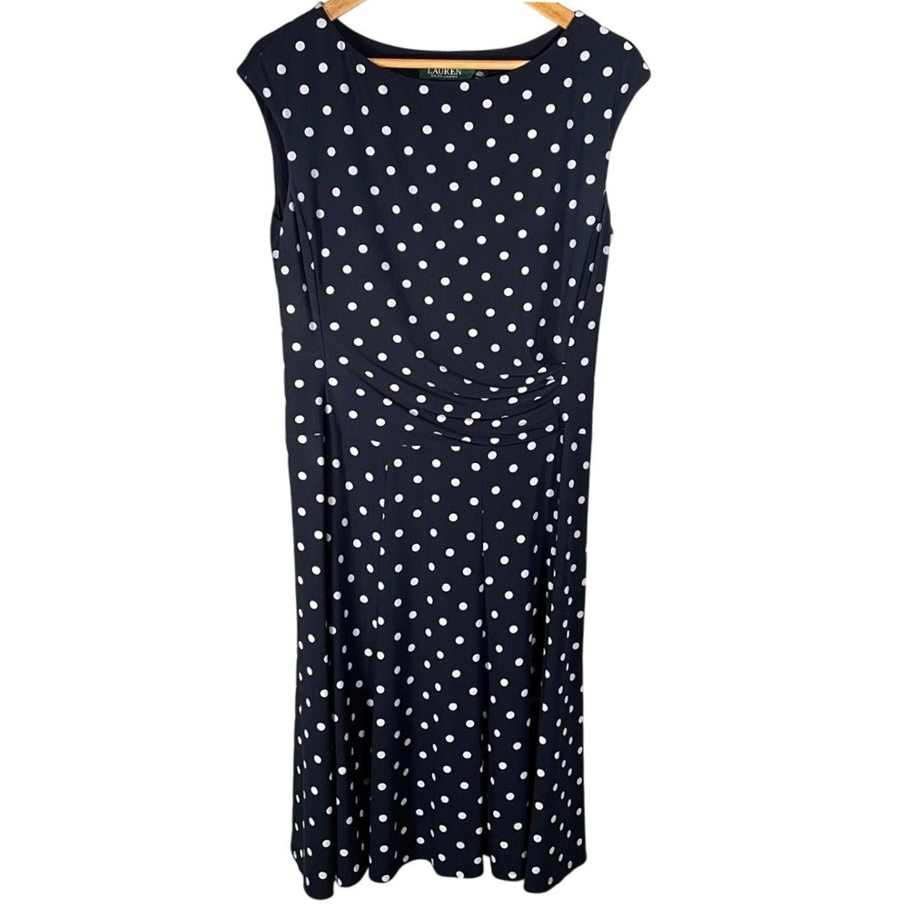 Lauren Ralph Lauren Sz 12 Polka Dot Swing Dress Cap Sleeve Career‎ Party Blue